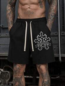 Retro Cross Logo Graffiti Loose Shorts, Subculture High Street Style Graphic Print Men Plus Size Shorts, New Arrival - Black - View 1