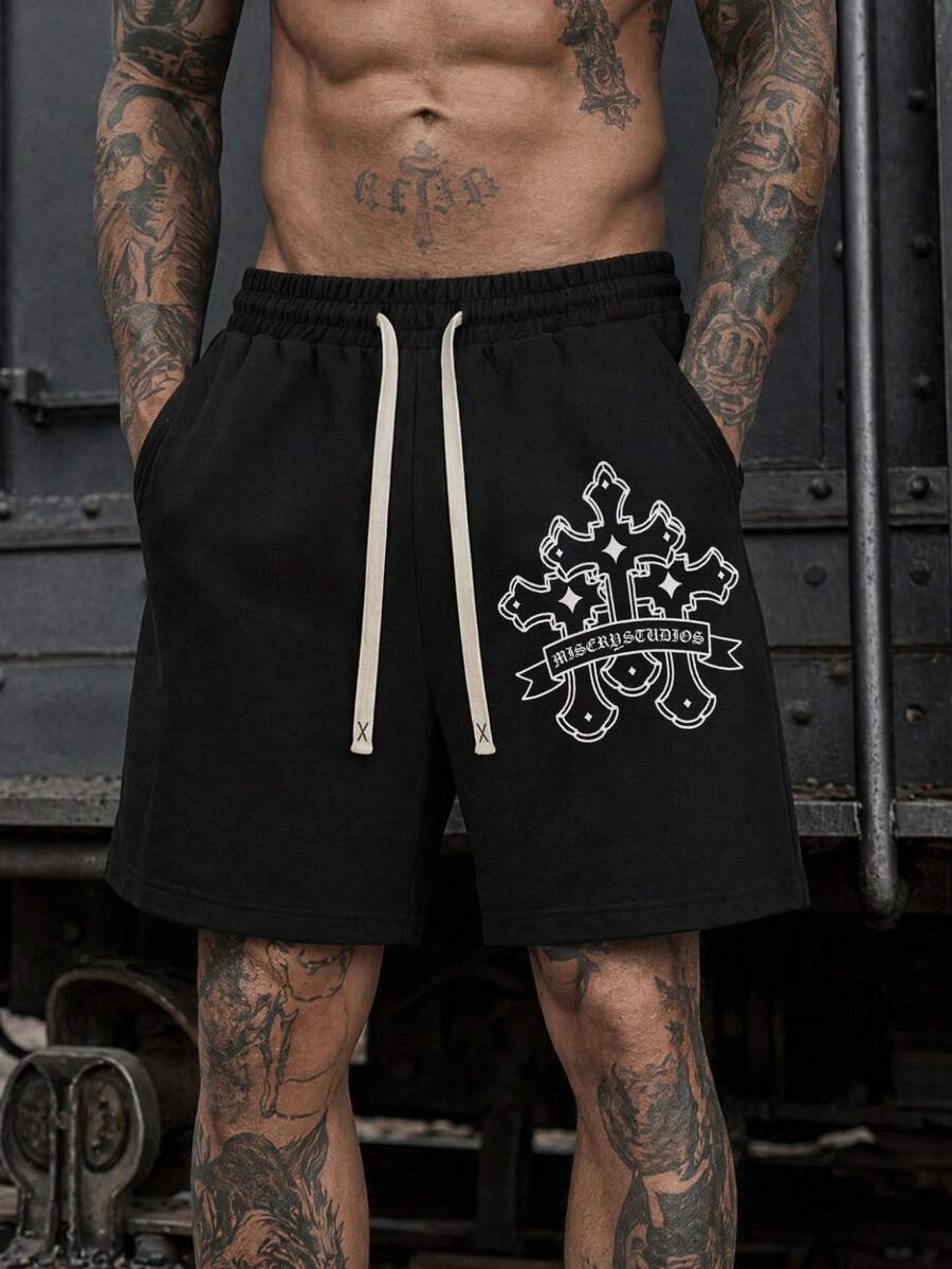 Retro Cross Logo Graffiti Loose Shorts, Subculture High Street Style Graphic Print Men Plus Size Shorts, New Arrival - Black - View 1