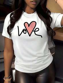 1 Piece Of Heart Print T-Shirt, 220g, Romantic, Women's, Casual, Round Neck, 100% Cotton, Streetwear, Fashion. - 白色的 - 查看 6