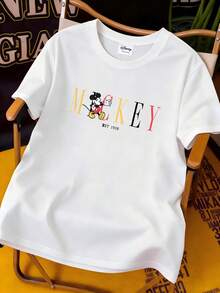 Officially Licensed Disney Vintage Mickey Mouse EST 1928 Retro Quote Text Graphic T‑Shirts For Men 100% Cotton Short Sleeve Crew Neck Classic Cartoon Oversized Streetwear Tee Old School Typography Summer Casual Daily Nostalgic Outfit - trắng - Xem 2