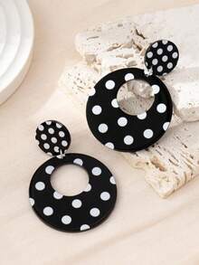 1 Pair Fashion Black & White Polka Dot Acrylic Geometric Water Drop Round Dangle Earrings, Suitable For Daily Wear - Black - View 5
