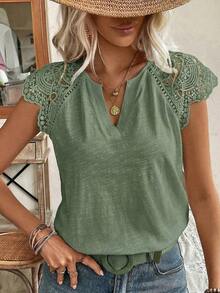 Frenchy Camiseta de algodón de bambú de unicolor de verano con parche de encaje blanco soluble en agua y escote en V. Cómoda y transpirable para uso diario, vacaciones y viajes.Estilo Cottagecore, blanco, temporada de bodas - Verde Oscuro - Ver 2