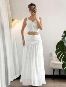 Falda larga plisada con cierre asimétrico de gasa blanca elegante y minimalista para mujer, adecuada para verano, playa, vacaciones y uso casual - Blanco - Ver 5