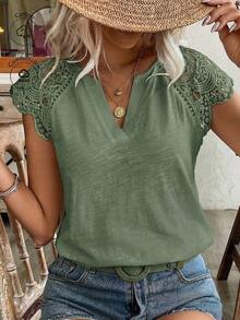 Frenchy Camiseta de algodón de bambú de unicolor de verano con parche de encaje blanco soluble en agua y escote en V. Cómoda y transpirable para uso diario, vacaciones y viajes.Estilo Cottagecore, blanco, temporada de bodas - Verde Oscuro - Ver 9