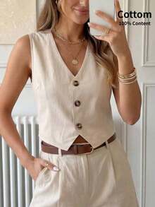 Blusa informal sin mangas de unicolor para oficina en verano, blusas sin mangas - Caqui - Ver 10