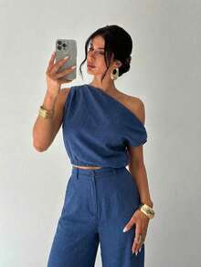 Conjunto de blusa suelta asimétrica sin hombros con baño de oro sin mangas y pantalones de pierna ancha con cintura elástica, adecuado para citas, fiestas, viajes diarios, festivales de música, ceremonias de graduación, atuendos de maestros y ocasiones formales - Azul - Ver 8