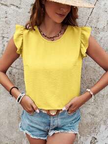 Blusa de verano para mujer con espalda cruzada, volantes y color sólido - Amarillo - Ver 2