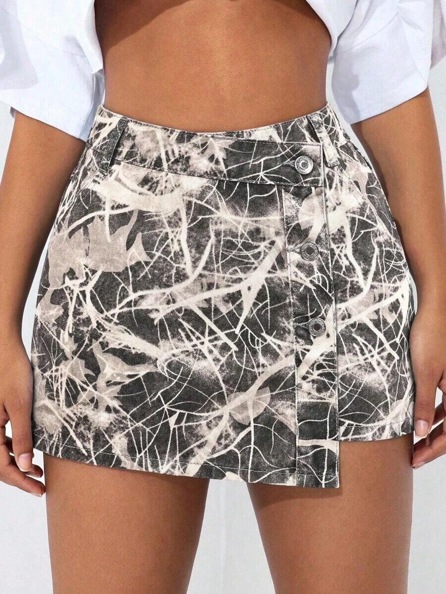 PETITE Short vaquero sexy con bolsillo frontal, cruce de cintura y abotonado para mujer - Multicolor 2 - Ver 1