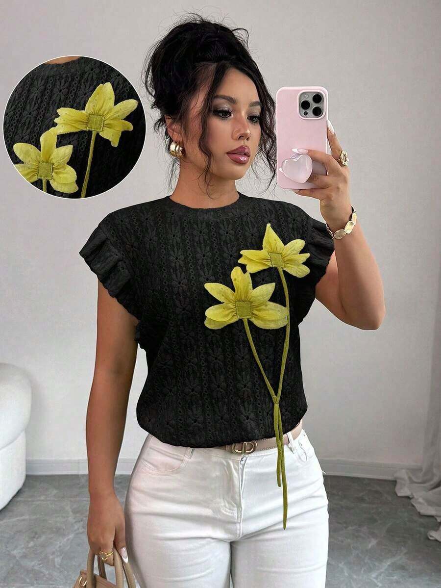 Camiseta de mujer con flores tridimensionales lindas y contrastantes para verano y otoño - Negro 2 - Ver 1