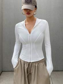 Chaqueta de manga larga sólida para mujer, ajuste delgado, minimalista ideal para primavera y verano - Blanco - Ver 6