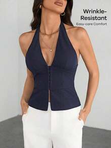 Tall Blazer casual de unicolor con cuello en V para mujer, top de traje tejido - Conjunto de otoño vintage seductor de oficina para maestras - Azul marino - Ver 8