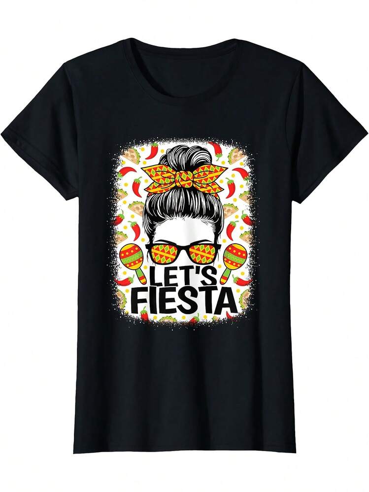 Camiseta Gráfica "Let's Fiesta" para Mujer, Fiesta Mexicana Cinco de Mayo, Regalo, Camiseta Casual para Vacaciones, Fiesta, Deportes, Moda, Unisex, Verano 2026, de Manga Corta Estampada - Negro - Añade 6