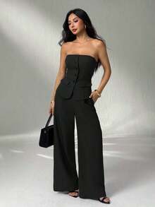 1 Conjunto de Top Camisola Ajustada de unicolor y Pantalones Elegantes para Otoño/Invierno - Negro - Ver 4