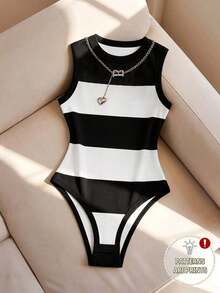 Mono de mujer para primavera/verano, mono de tirantes de cuello redondo para mujer, mono ajustado de punto para mujer, mono a rayas, uso diario casual, mono de verano para mujer, mono para vacaciones en la playa, se puede usar solo o combinado co - Blanco y Negro - Ver 4
