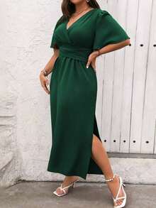 Vestido maxi de verano para mujer talla grande, de manga corta con volantes y cuello en V de un solo color - Verde Oscuro - Ver 6