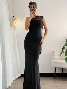 Vestido ajustado asimétrico de cuello elegante, romántico y sexy, adecuado para fiesta, vacaciones en la playa, vuelta al colegio, citas románticas, temporada de bodas, cumpleaños, Pascua, primavera/verano - Negro - Ver 4