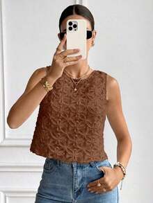 Blusa sin mangas casual y versátil con cuello redondo, decoración de moño y jacquard - Marrón - Ver 3