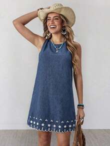 Vestido casual de verano para vacaciones en la playa, de algodón y lino con textura, color albaricoque, sin mangas y corte recto para mujeres - Azul y blanco - Ver 7