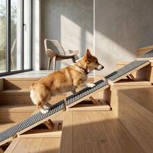 Adjustable Solid Wood Dog Stair Ramp Wedge For Small And Senior Dogs, Foldable Indoor Pet Ramp With Height Triangle Support And Non-Slip Carpet, No Assembly Required - Multicolor - View 1