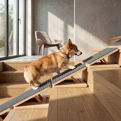 Rampe d'escalier en bois massif réglable en forme de coin pour petits chiens et chiens âgés, rampe pliable d'intérieur pour animaux de compagnie avec support triangulaire de hauteur et tapis antidérapant, sans montage requis