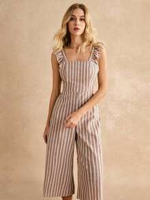 Frenchy Jumpsuit sisa con fruncido con cordón trasero de rayas - Caqui - Ver 2