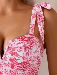 Swim Basics 1 pieza Traje de baño de una sola pieza con estampado sólido y floral y tirantes de espagueti anudados para mujer - Rosa - Ver 4