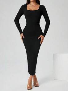 Vestido largo de manga larga con cuello cuadrado color negro sólido ajustado, vestido elegante de manga larga para mujer con cuello cuadrado, ajuste ceñido, manga recta, liso, para uso diario casual en primavera/otoño - Negro - Ver 7