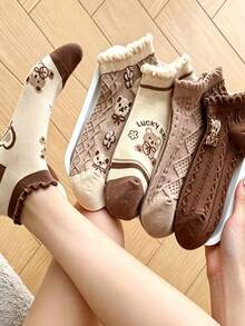 10/20 Pairs Cartoon Bear Ankle Socks, College Style, Thin Low-Cut Socks For Women, Spring Autumn Summer - Multicolor - View 3