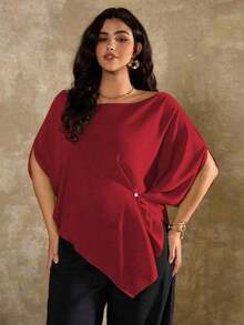 Blusa asimétrica de manga corta y hombros casuales franceses para mujer de talla grande - Rojo - Ver 3