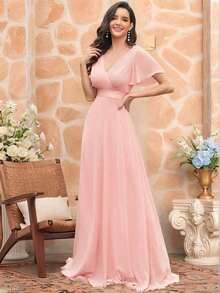 Vestido de dama de honor con cuello en V elegante, mangas con volantes y mariposa, color verde salvia, vestido de invitada de boda, vestido de primavera semi-formal para boda, fiesta de cumpleaños, graduación, Día de San Valentín - Rosa - Ver 9