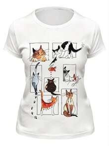 Women's Short Sleeve T-Shirt With Illustrations | Various Cats In Funny Poses, Cool Hand-Painted Style, Attractive Item For Everyday Wear, Casual Crew Neck, Slightly Stretchy Fabric, Regular Length - 白色 - 查看 6