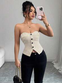 Top corto sin mangas con botones delanteros y estampado de pata de gallo, para uso en oficina o viajes, de moda para el verano - Albaricoque - Ver 1