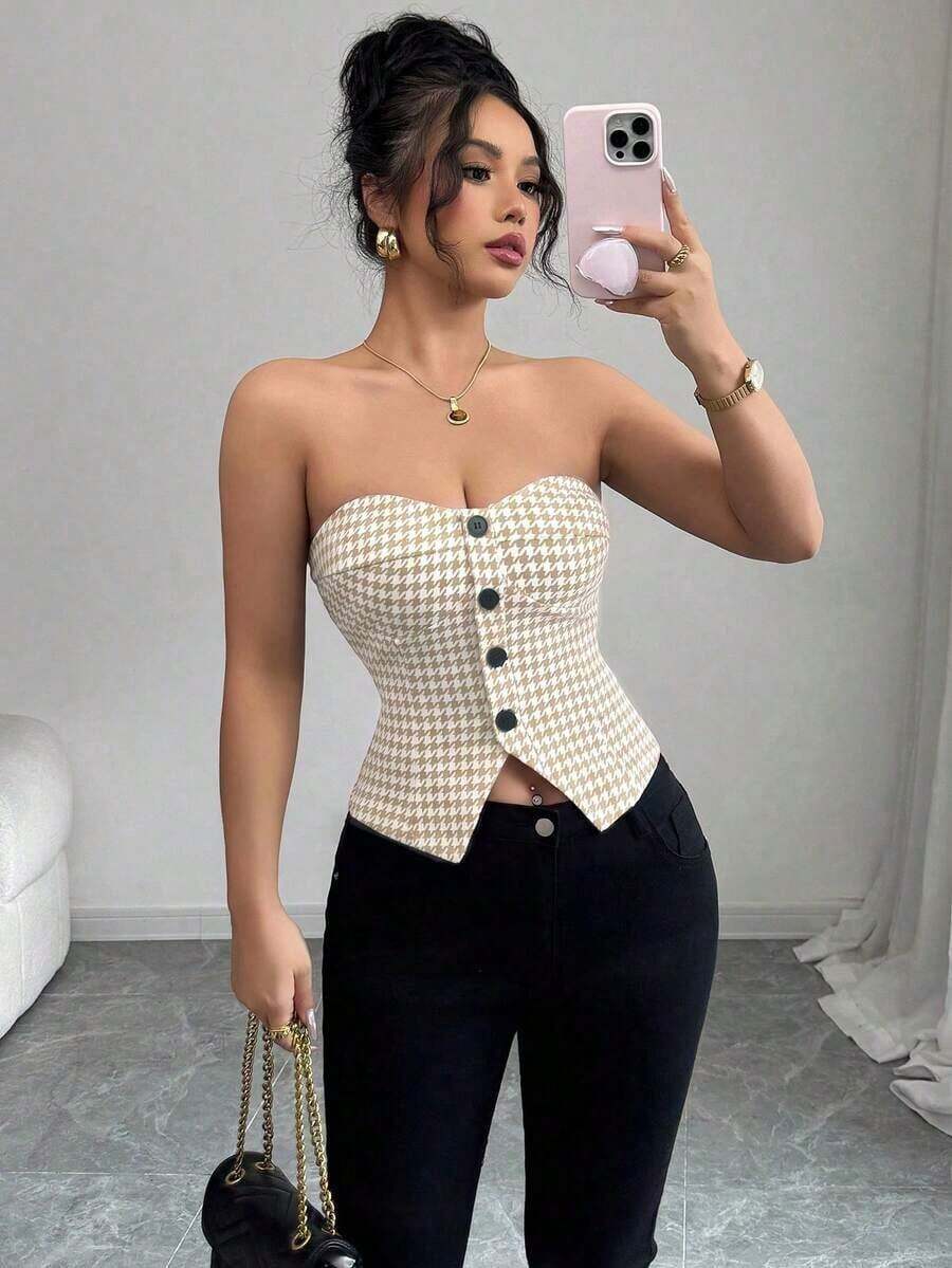 Top corto sin mangas con botones delanteros y estampado de pata de gallo, para uso en oficina o viajes, de moda para el verano - Albaricoque - Ver 1