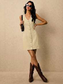 Vestido vaquero informal y de moda con botones delanteros y sin mangas para mujeres - Caqui - Ver 7