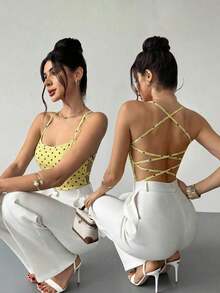 Body elegante y romántico con estampado bohemio y espalda cruzada, adecuado para vacaciones en la playa de Hawái y citas - Amarillo - Ver 9
