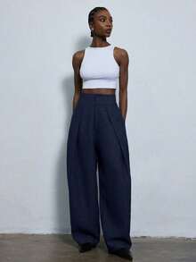 Nuevos pantalones de traje de pierna ancha con pliegues sueltos y estilo casual para ir al trabajo - Azul - Ver 3