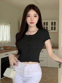 Camiseta de manga corta de canalé de ajuste ceñido con cuello redondo, crop tops para mujer - Negro - Ver 2