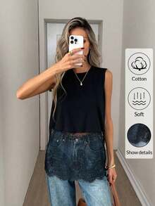 Top de mujer sin mangas de cuello redondo con dobladillo de encaje, primavera/verano - Negro - Ver 3