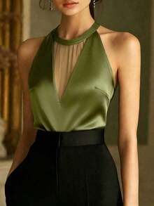 1 pieza Camiseta sin mangas de unicolor con espalda retorcida y calada, elegante y casual - Verde Oliva - Ver 1