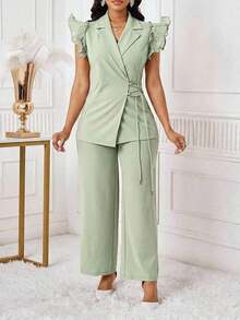 Conjunto de traje de mujer con blazer de manga con volantes rosa y pantalones elásticos de cintura alta para otoño/invierno - verde menta - Ver 4