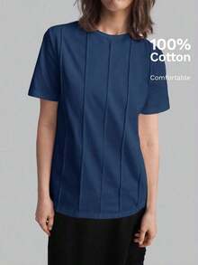 2026 Primavera/Verano Camiseta casual de mujer de manga corta con diseño de rayas de unicolor y cuello redondo, adecuada para el estilo casual urbano, la moda minimalista, el transporte urbano, la sencillez elegante, el Día del Maestro, la tela de p - Azul marino - Ver 6