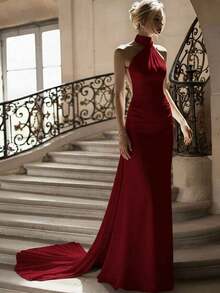 Nuevo elegante vestido largo de satén de unicolor para mujer con cuello halter, botones, cintura alta, espalda descubierta y cintura ceñida, adecuado para bodas, galas, citas y otras ocasiones, color negro primaveral - Rojo - Ver 3