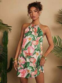 Vestido corto holgado con hombros al descubierto y estampado tejido para mujeres para vacaciones - Albaricoque - Ver 4