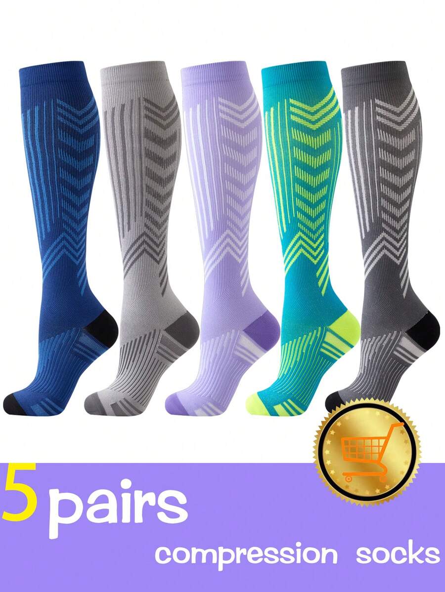 5 Pasang Kaos Kaki Kompresi, Kaos Kaki Setinggi Lutut yang Bernapas untuk Perawat, Wanita & Pria, Cocok untuk Lari, Bersepeda, Mendaki, Perjalanan Penerbangan