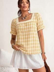 Blusa de manga corta con cuello cuadrado y parches de encaje de talla grande, blusa de manga abullonada - Amarillo - Ver 6