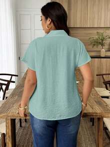 Weeklong Camisa suelta con botones y bordado de ojetes asimétrico, atuendo casual para diario/vacaciones, ropa de oficina - verde menta - Ver 2