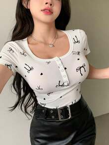 Camiseta de manga corta de ajuste slim con estampado de leopardo, top corto para mujer de uso casual en verano - Multicolor 4 - Ver 8