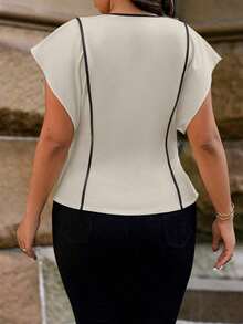 Camisa elegante de mujer talla grande con cuello en V, bajo asimétrico, diseño de rayas y parches, con encaje transparente en la parte delantera, adecuada para uso diario, oficina y citas, primavera/verano - Gris Claro - Ver 2