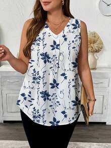 Blusa sin mangas con cuello en V y estampado floral para mujer talla grande, Camisa casual con cuello en V y estampado floral para mujer talla grande - Multicolor 2 - Ver 4