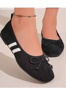 Black Wide Width Ballet-Style Bow Flat Shoes, Square Toe Soft Bottom Loafers, Wide Feet Friendly Commute Versatile Suede Shoes - Black - View 4